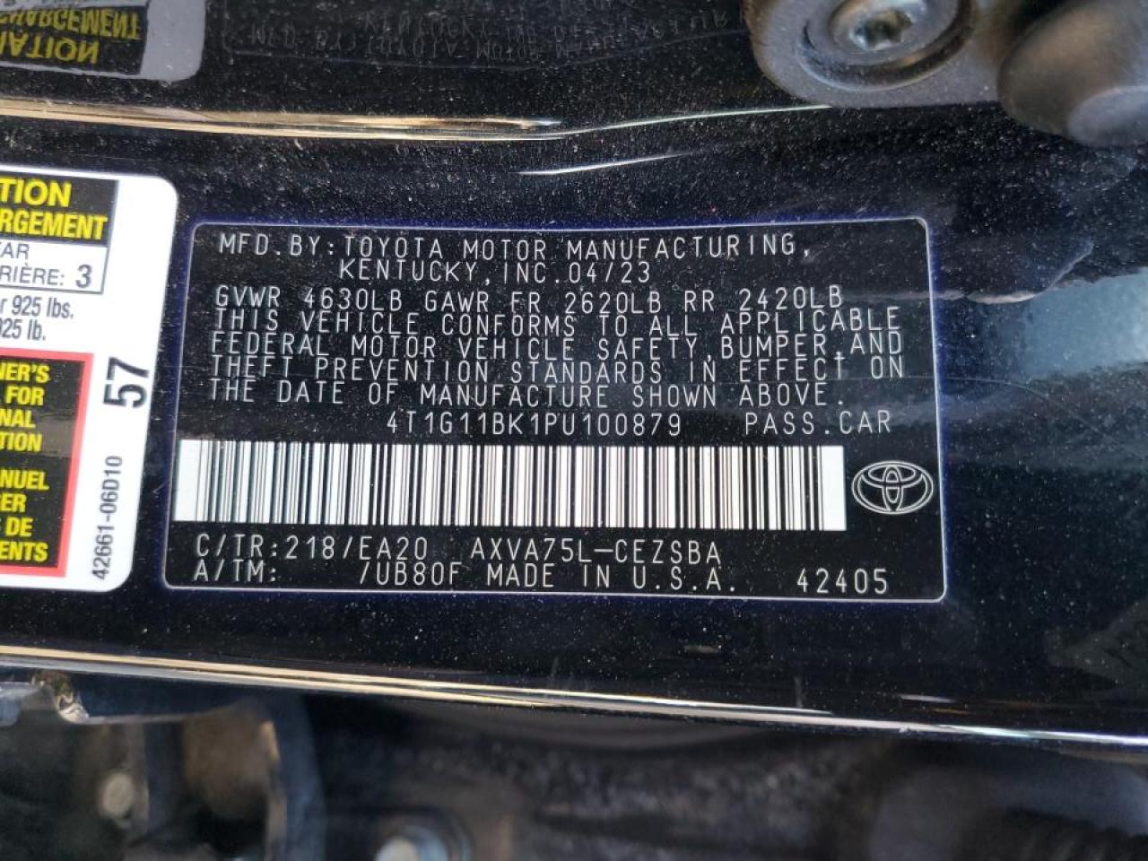 2023 TOYOTA CAMRY SE NIGHT SHADE VIN:4T1G11BK1PU100879