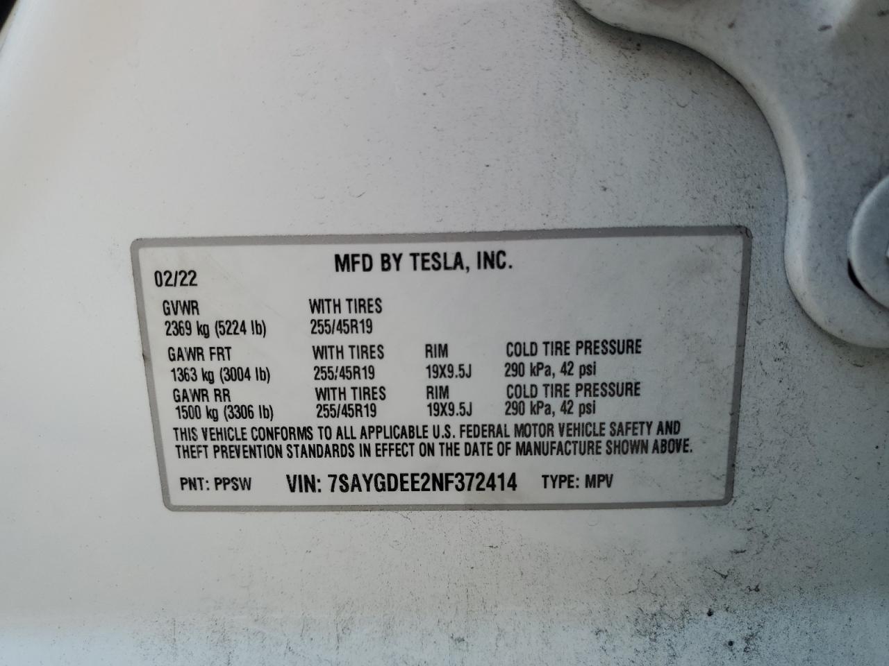 2022 TESLA MODEL Y VIN:7SAYGDEE2NF372414