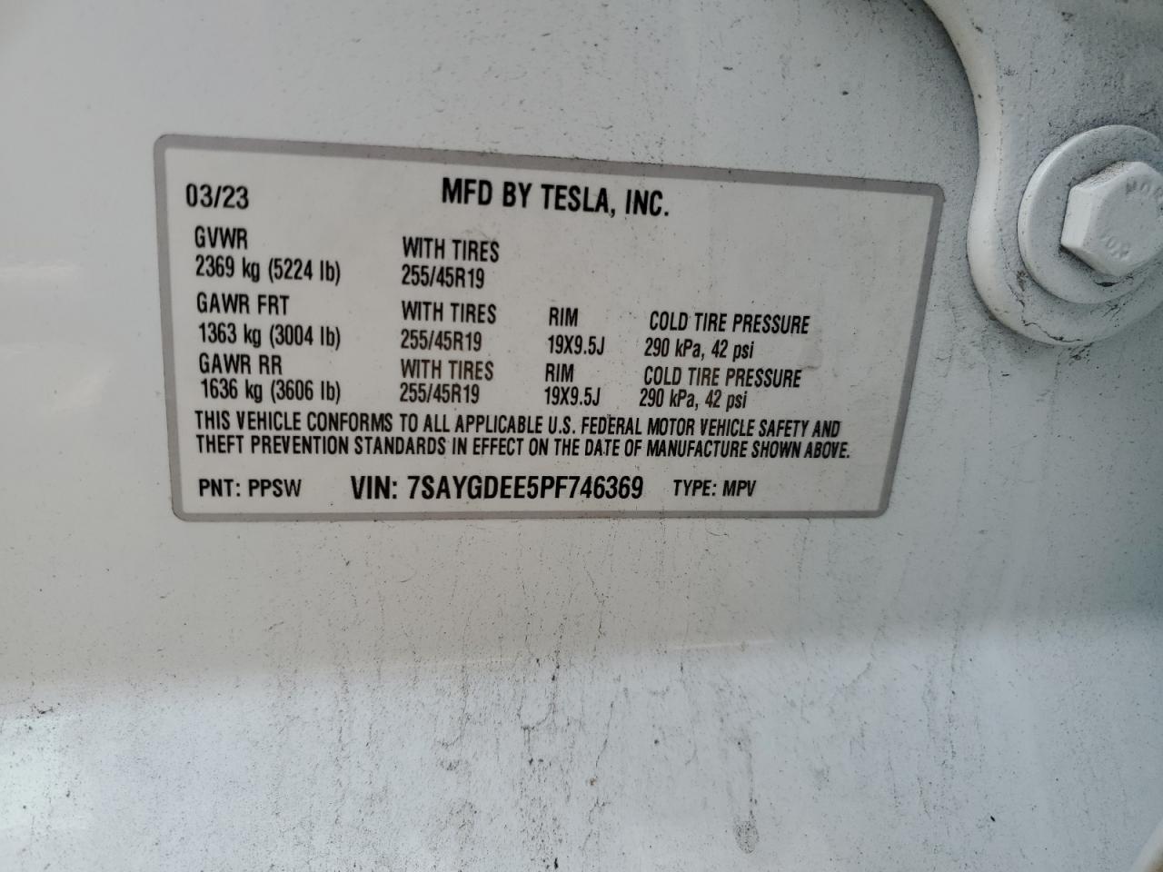 2023 TESLA MODEL Y VIN:7SAYGDEE5PF746369