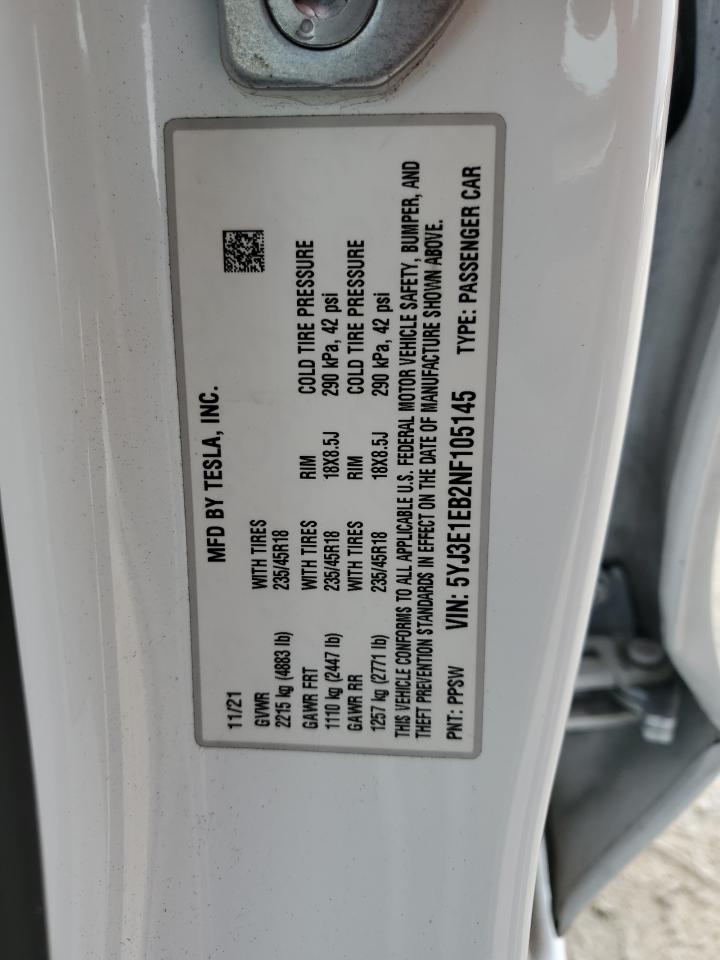 2022 TESLA MODEL 3 VIN:5YJ3E1EB2NF105145