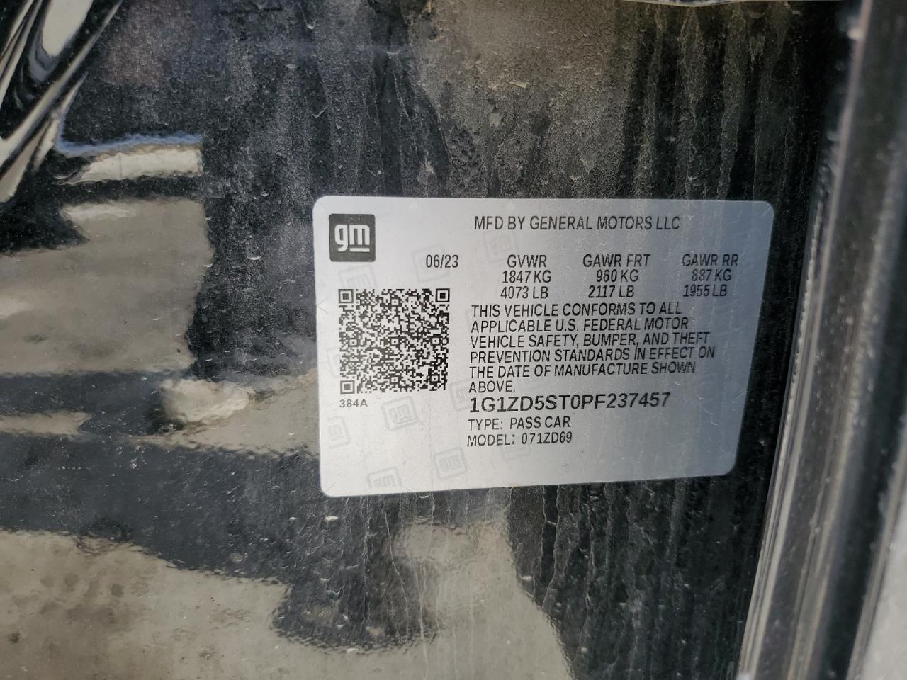 2023 CHEVROLET MALIBU LT VIN:1G1ZD5ST0PF237457