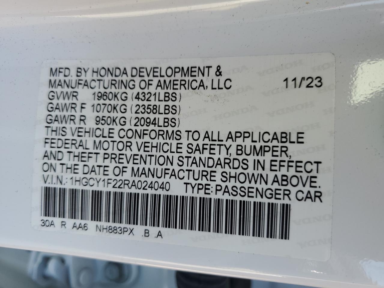 2024 HONDA ACCORD LX VIN:1HGCY1F22RA024040