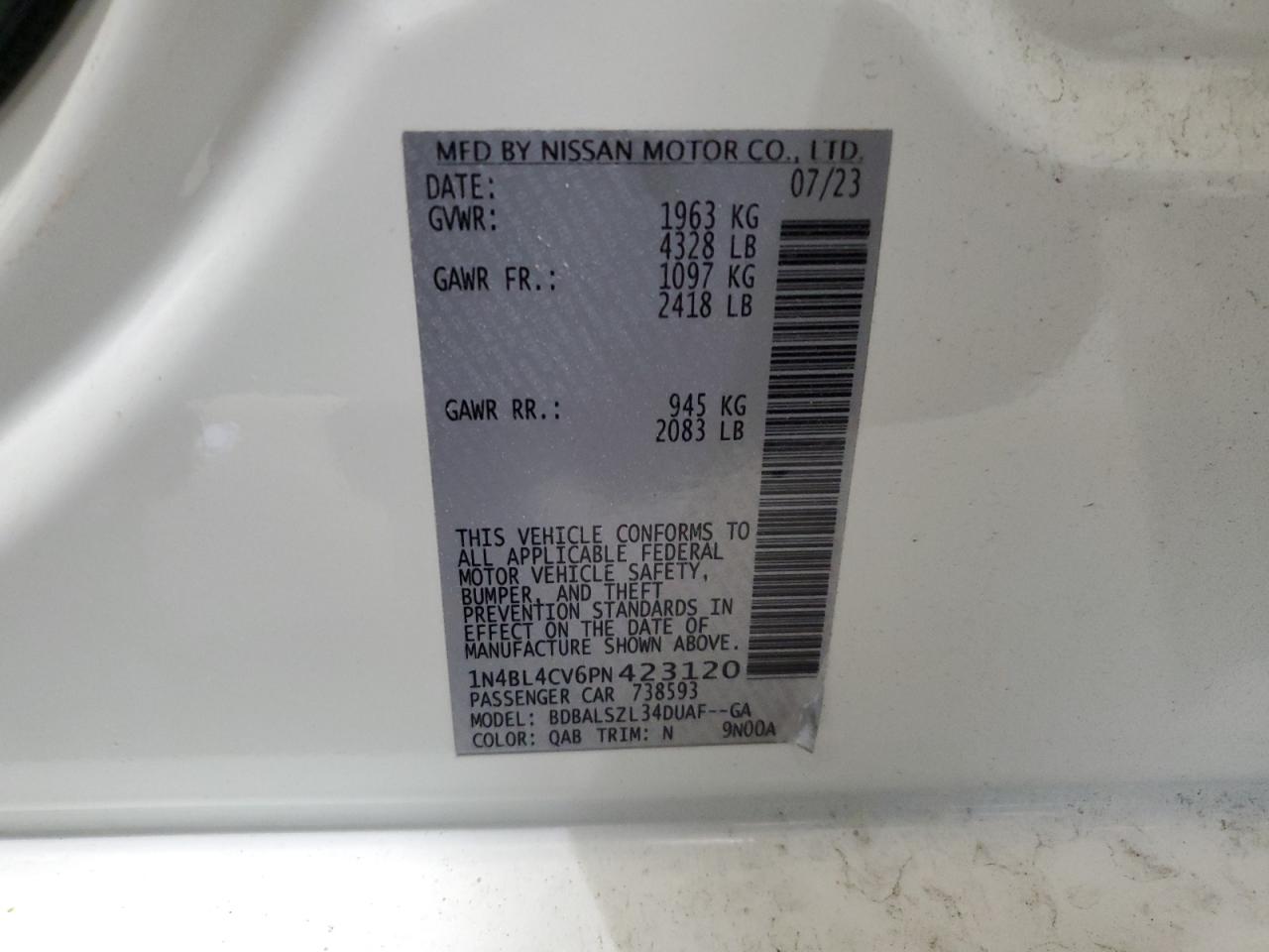 2023 NISSAN ALTIMA SR VIN:1N4BL4CV6PN423120