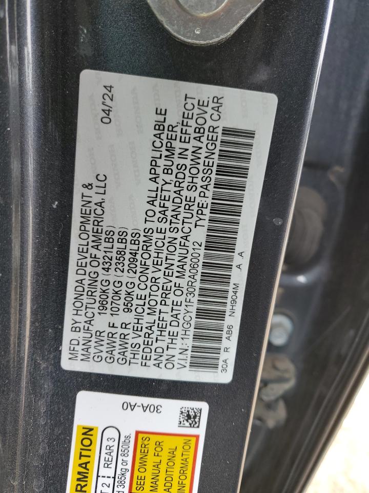 2024 HONDA ACCORD EX VIN:1HGCY1F30RA060012