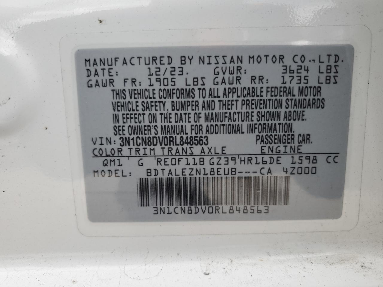 2024 NISSAN VERSA S VIN:3N1CN8DV0RL848563
