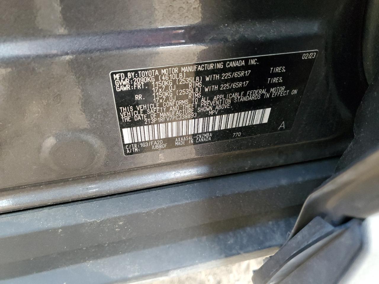 2023 TOYOTA RAV4 XLE VIN:2T3P1RFV7PC338893