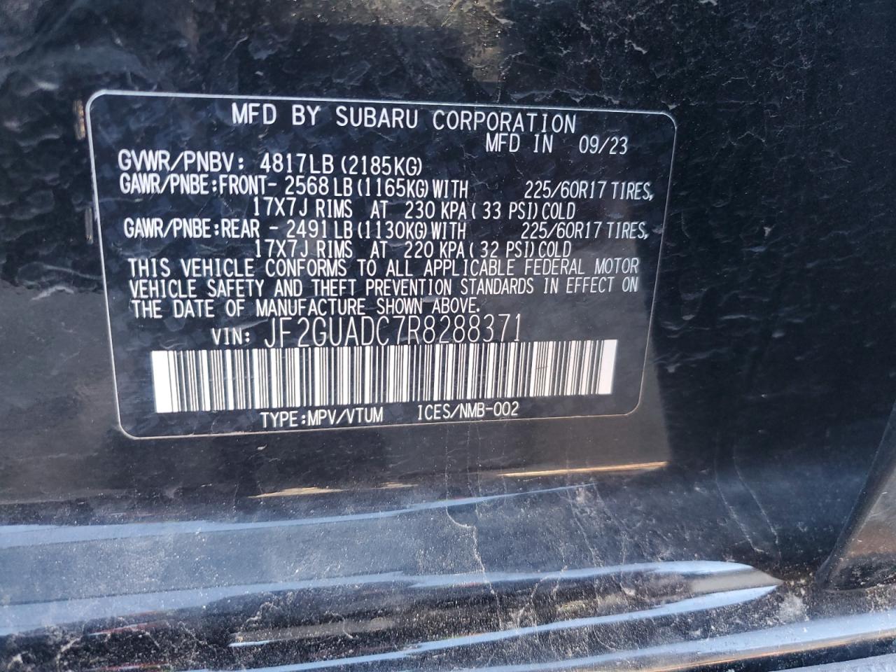 2024 SUBARU CROSSTREK PREMIUM VIN:JF2GUADC7R8288371