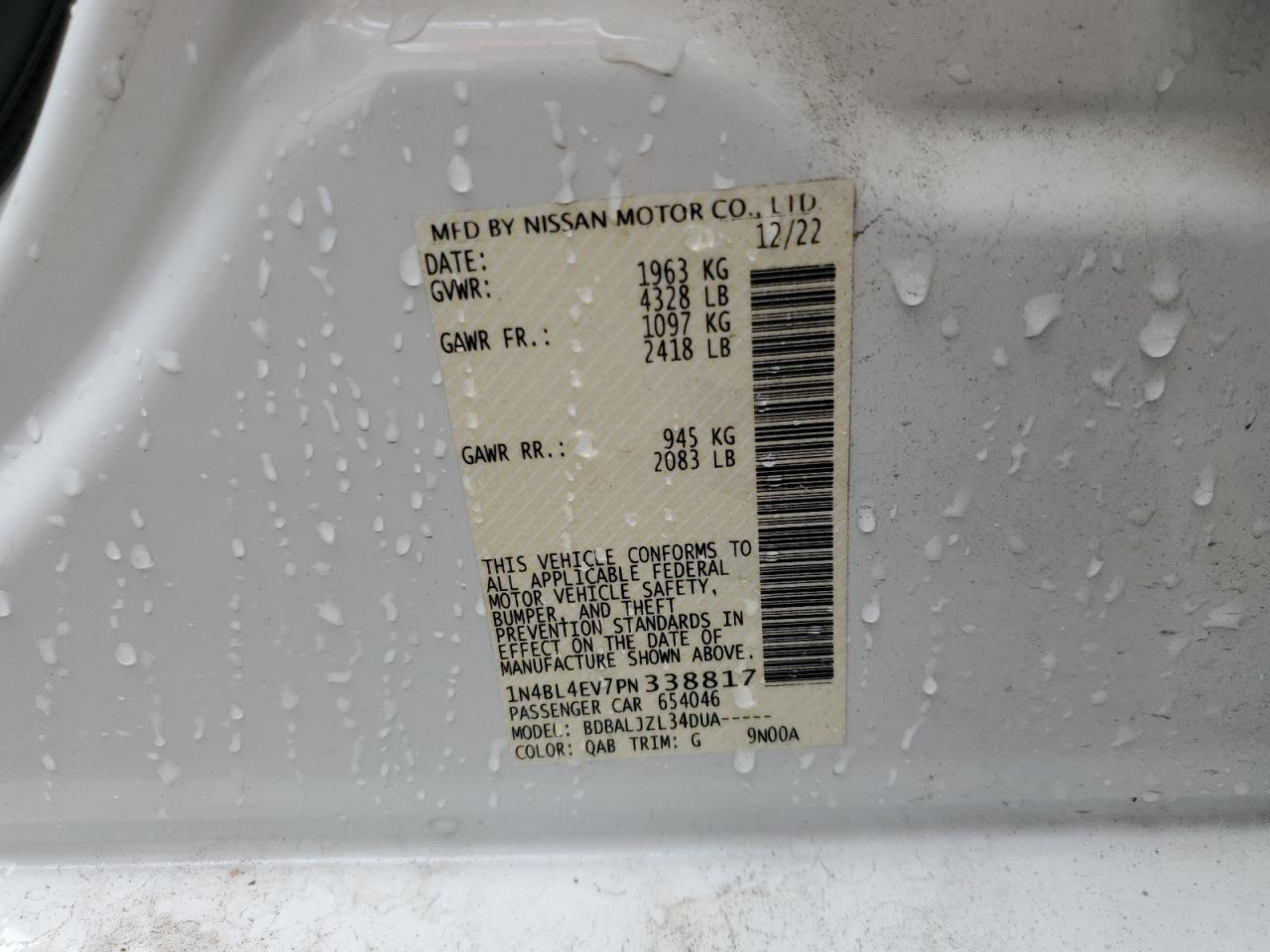 2023 NISSAN ALTIMA SL VIN:1N4BL4EV7PN338817