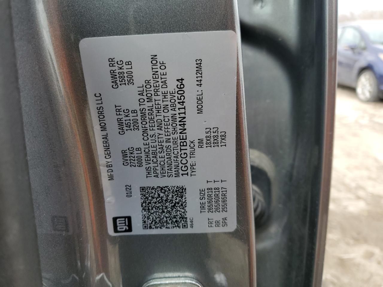 2022 CHEVROLET COLORADO VIN:1GCGTBEN4N1145064