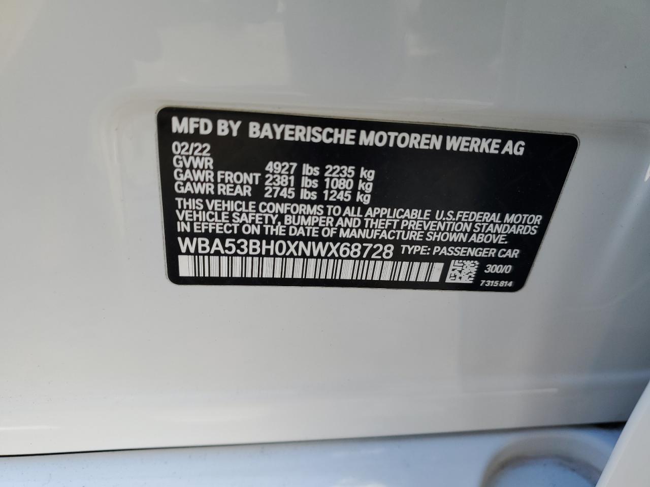 2022 BMW 530 I VIN:WBA53BH0XNWX68728