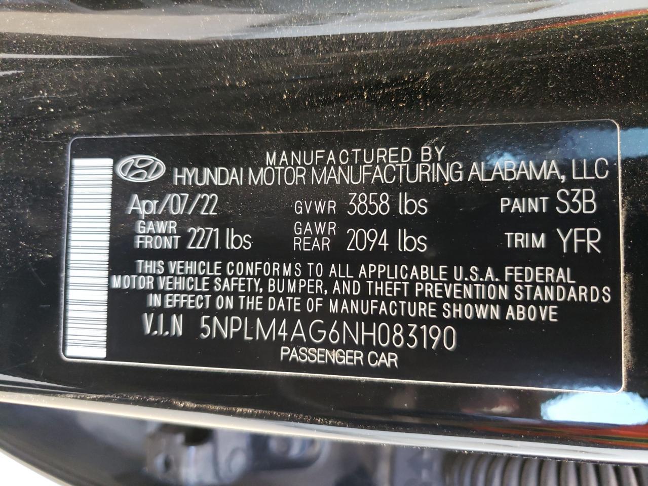 2022 HYUNDAI ELANTRA SEL VIN:5NPLM4AG6NH083190