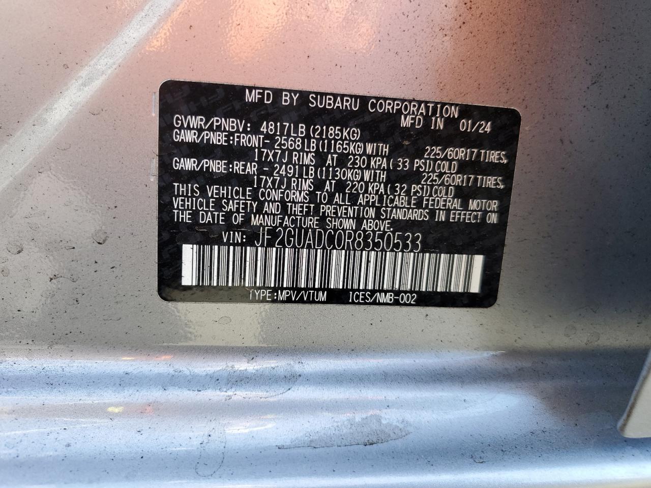 2024 SUBARU CROSSTREK PREMIUM VIN:JF2GUADC0R8350533