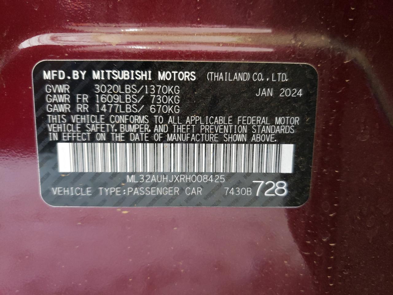 2024 MITSUBISHI MIRAGE ES VIN:ML32AUHJXRH008425
