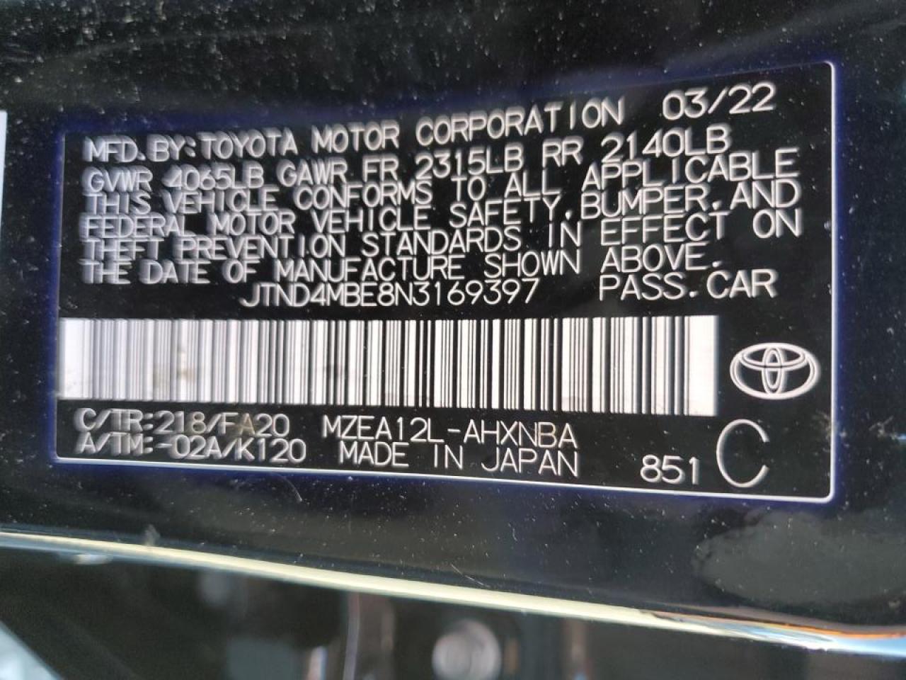2022 TOYOTA COROLLA SE VIN:JTND4MBE8N3169397