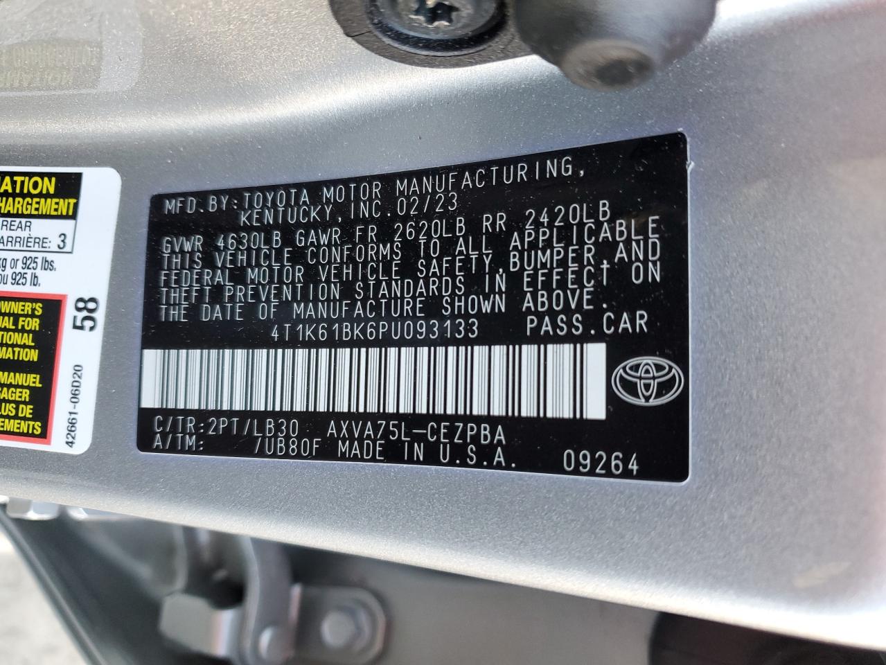 2023 TOYOTA CAMRY XSE VIN:4T1K61BK6PU093133