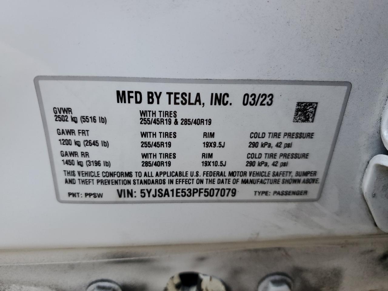2023 TESLA MODEL S VIN:5YJSA1E53PF507079