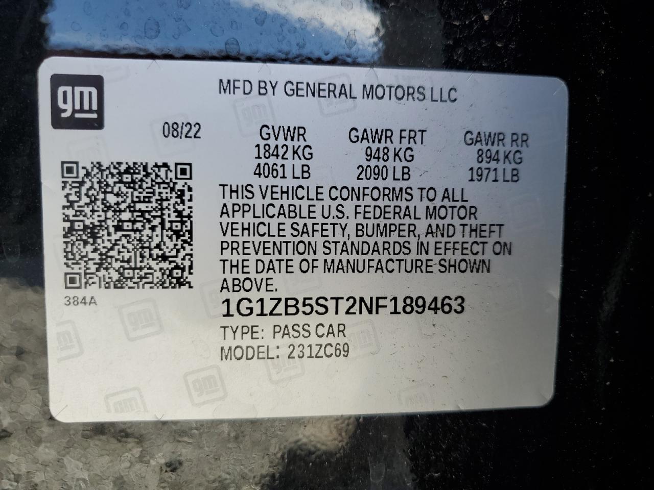 2022 CHEVROLET MALIBU LS VIN:1G1ZB5ST2NF189463