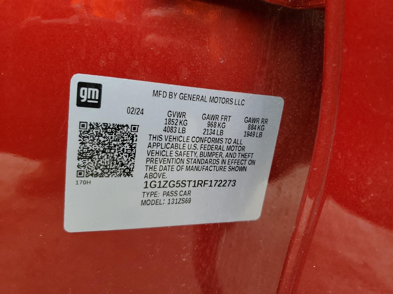 2024 CHEVROLET MALIBU RS VIN:1G1ZG5ST1RF172273