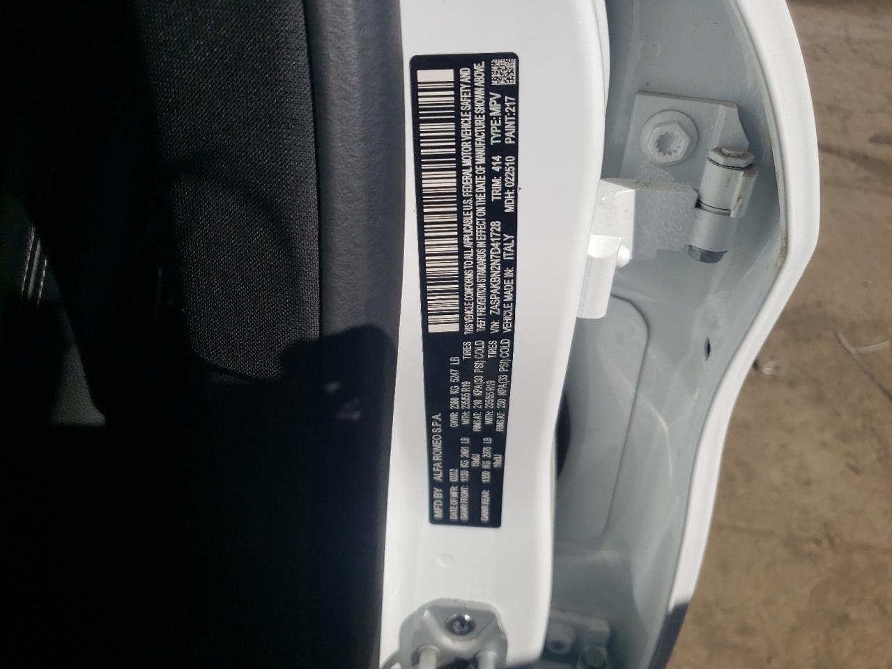 2022 ALFA ROMEO STELVIO TI VIN:ZASPAKBN2N7D41728