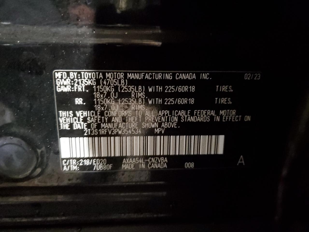 2023 TOYOTA RAV4 TRD OFF ROAD VIN:2T3S1RFV3PW354534