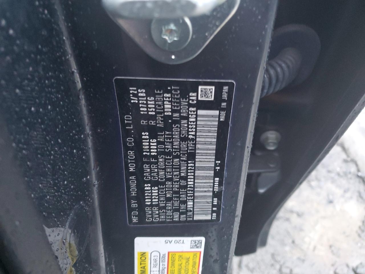 2022 HONDA CIVIC EX VIN:JHMFE1F73NX001291