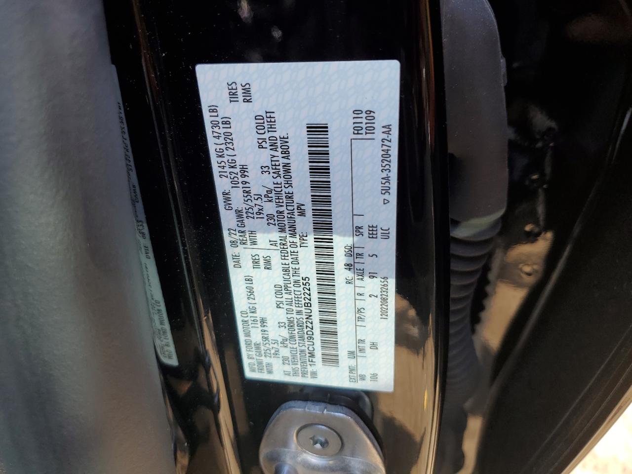 2022 FORD ESCAPE TITANIUM VIN:1FMCU9DZ2NUB22255