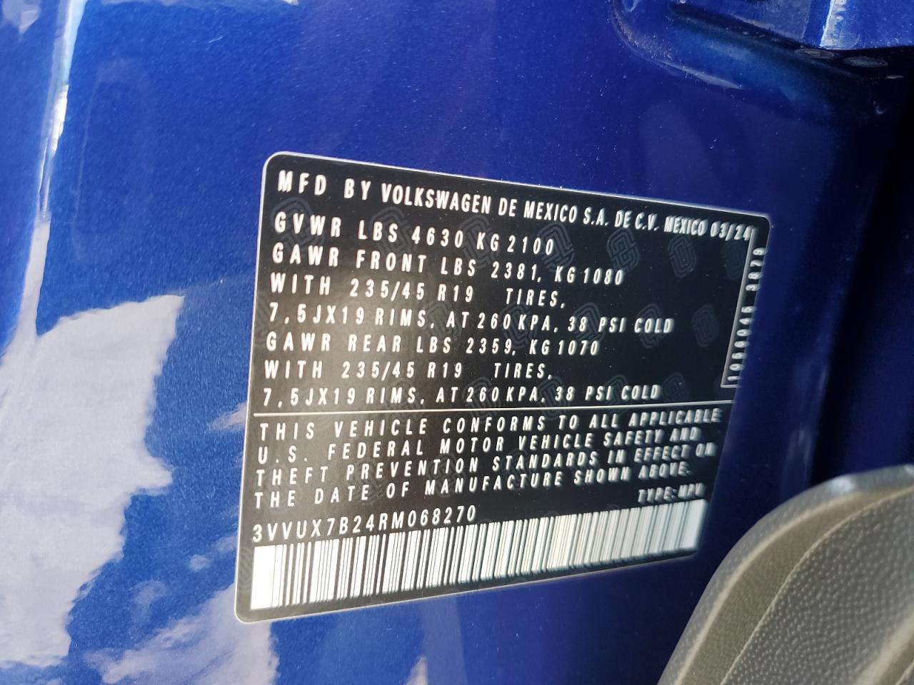 2024 VOLKSWAGEN TAOS SE VIN:3VVUX7B24RM068270