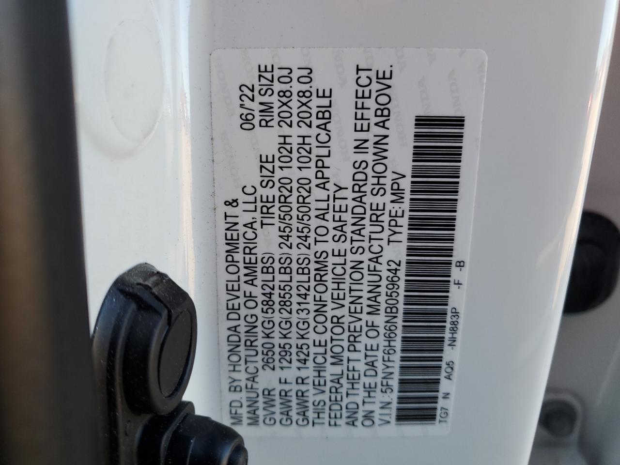 2022 HONDA PILOT TOURING VIN:5FNYF6H66NB059642