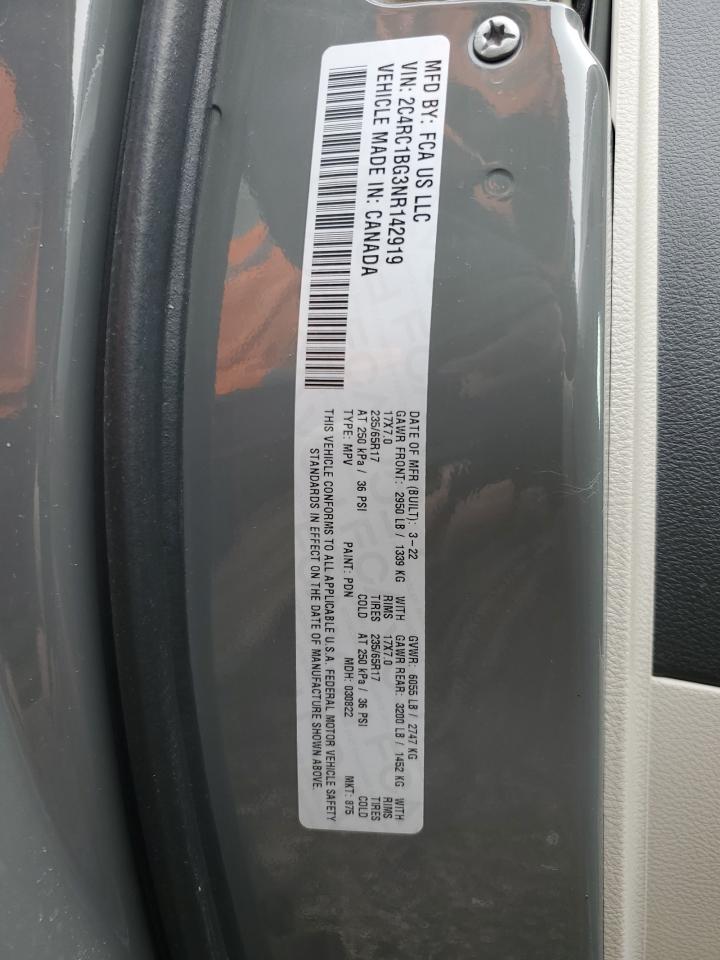 2022 CHRYSLER PACIFICA TOURING L VIN:2C4RC1BG3NR142919
