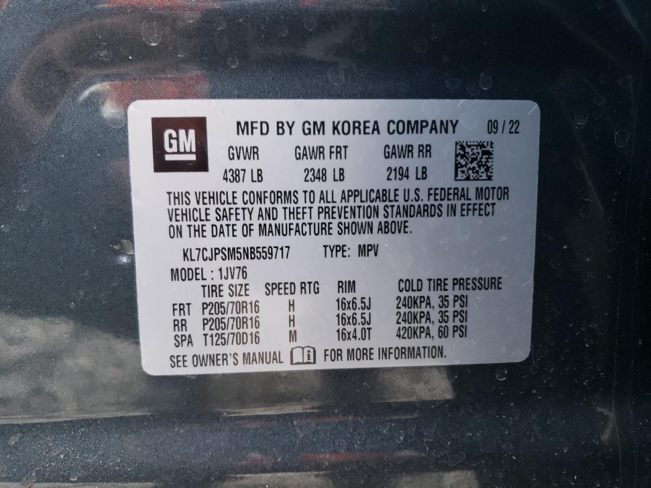 2022 CHEVROLET TRAX 1LT VIN:KL7CJPSM5NB559717