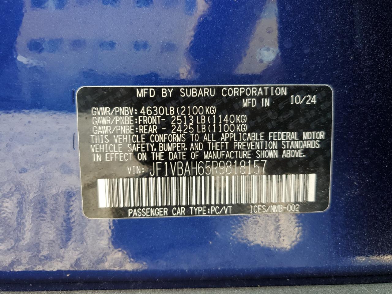 2024 SUBARU WRX PREMIUM VIN:JF1VBAH65R9818157