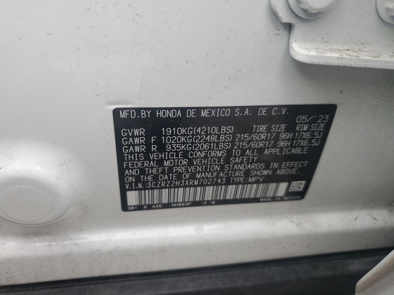 2024 HONDA HR-V LX VIN:3CZRZ2H3XRM702743