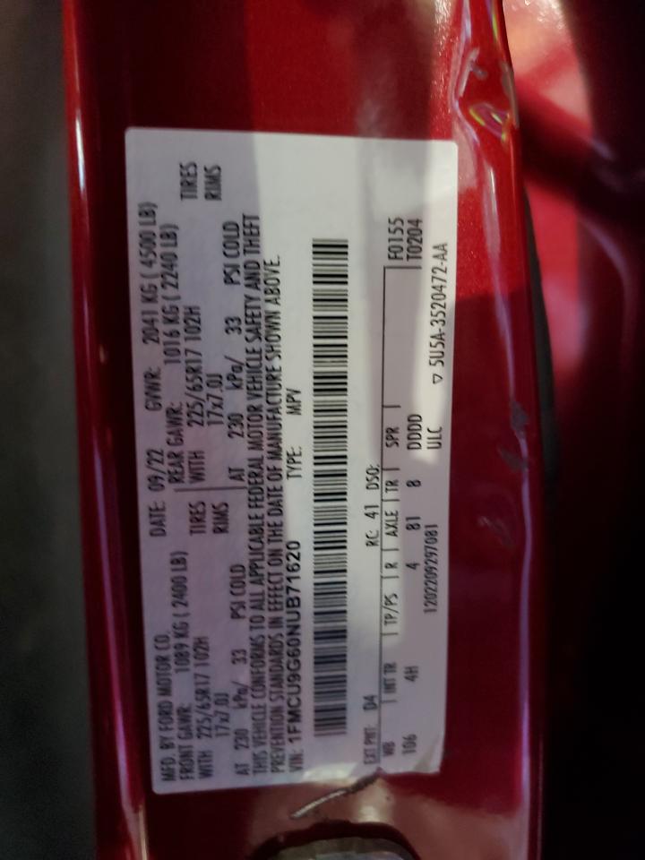 2022 FORD ESCAPE SE VIN:1FMCU9G60NUB71620