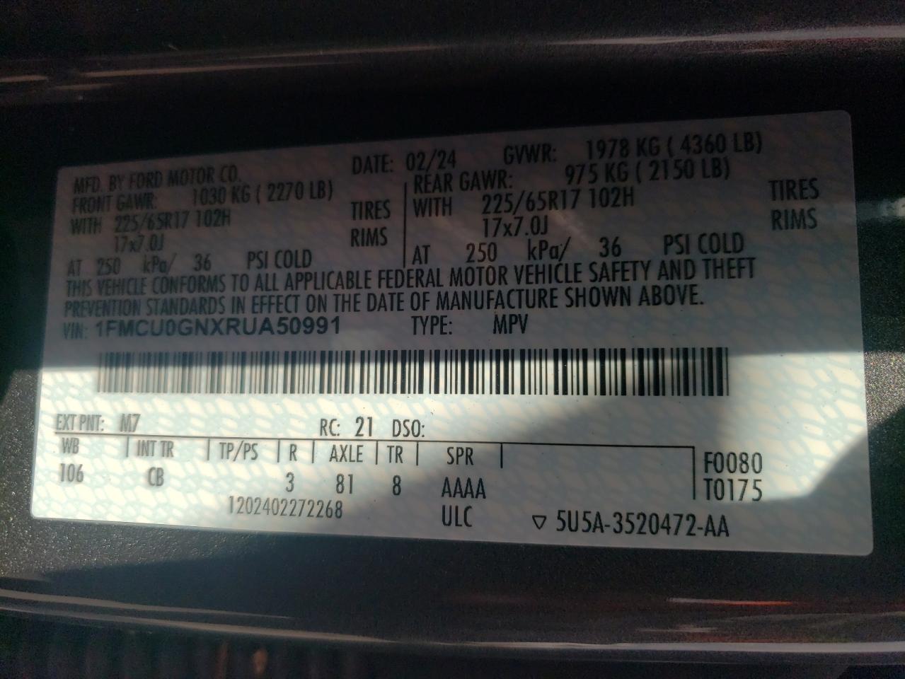 2024 FORD ESCAPE ACTIVE VIN:1FMCU0GNXRUA50991
