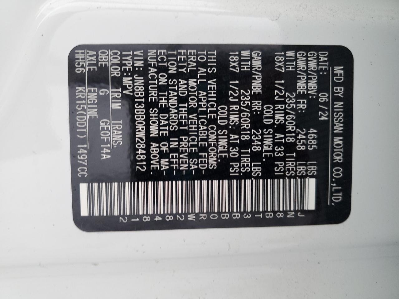 2024 NISSAN ROGUE SV VIN:JN8BT3BB0RW284812