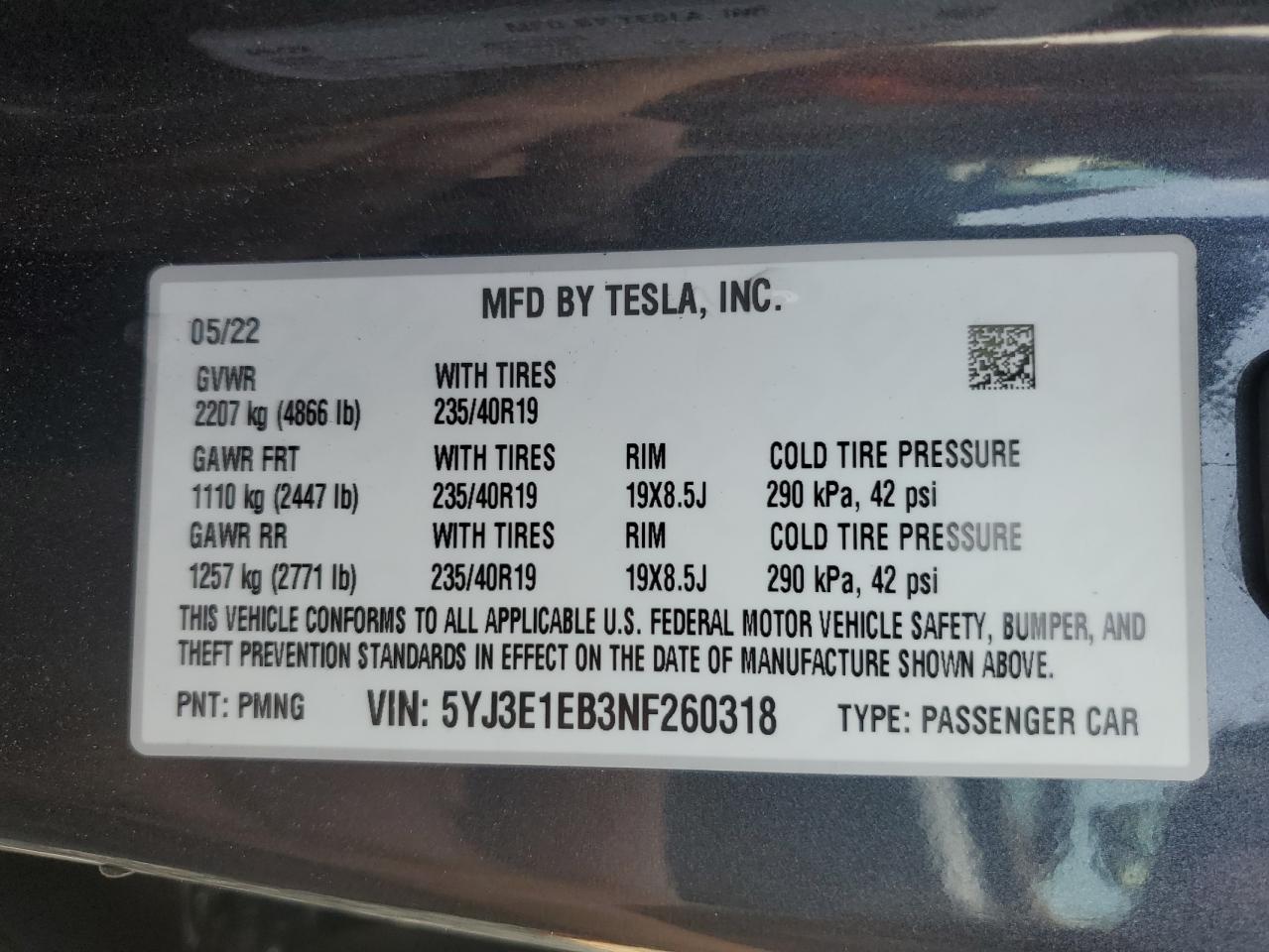 2022 TESLA MODEL 3 VIN:5YJ3E1EB3NF260318