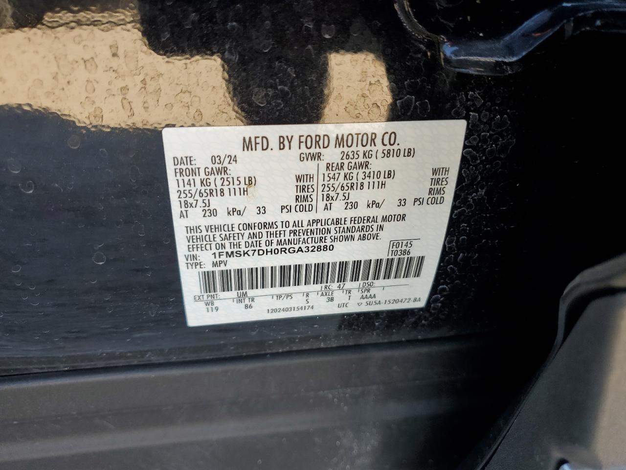 2024 FORD EXPLORER XLT VIN:1FMSK7DH0RGA32880