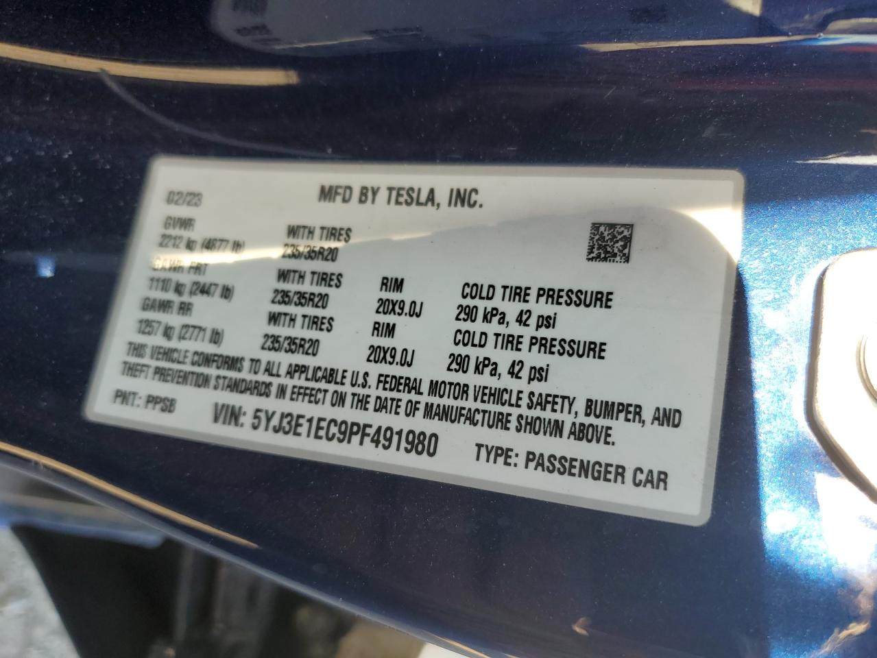 2023 TESLA MODEL 3 VIN:5YJ3E1EC9PF491980