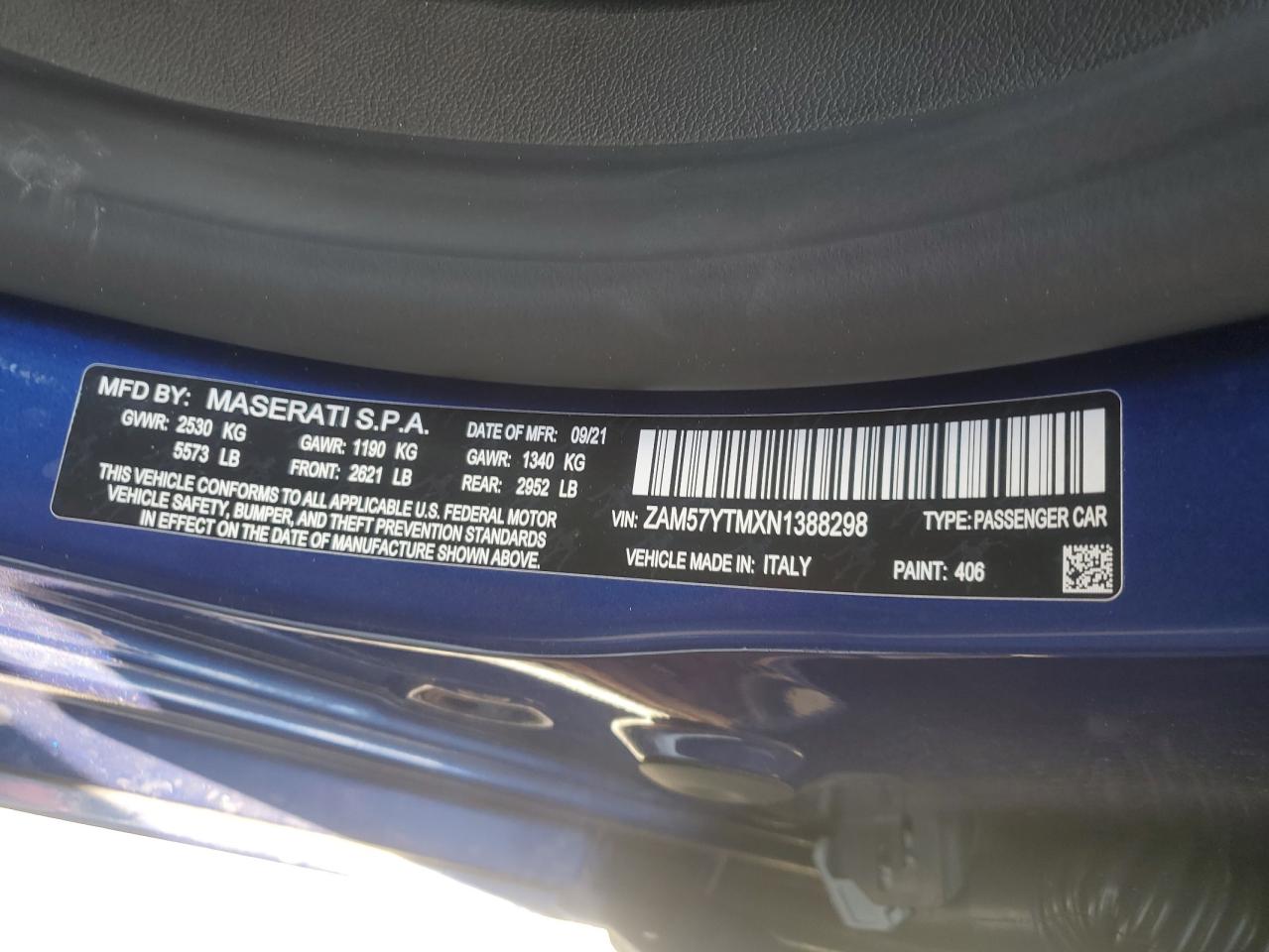 2022 MASERATI GHIBLI MODENA VIN:ZAM57YTMXN1388298