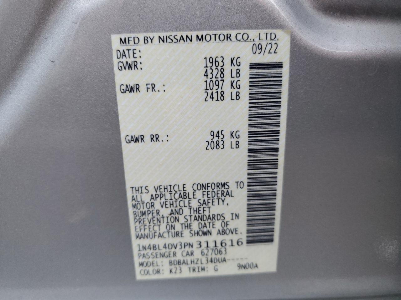 2023 NISSAN ALTIMA SV VIN:1N4BL4DV3PN311616