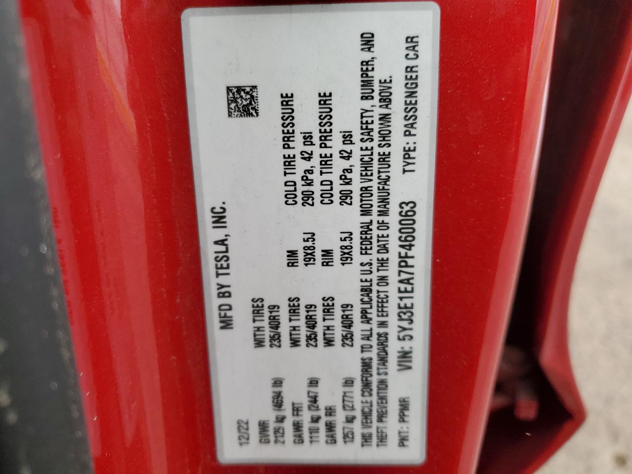 2023 TESLA MODEL 3 VIN:5YJ3E1EA7PF460063