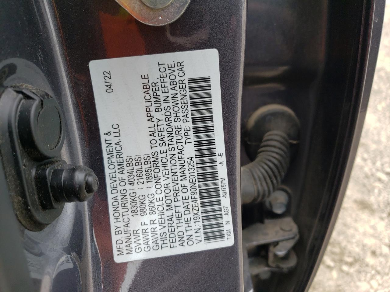 2022 HONDA INSIGHT TOURING VIN:19XZE4F90NE013254