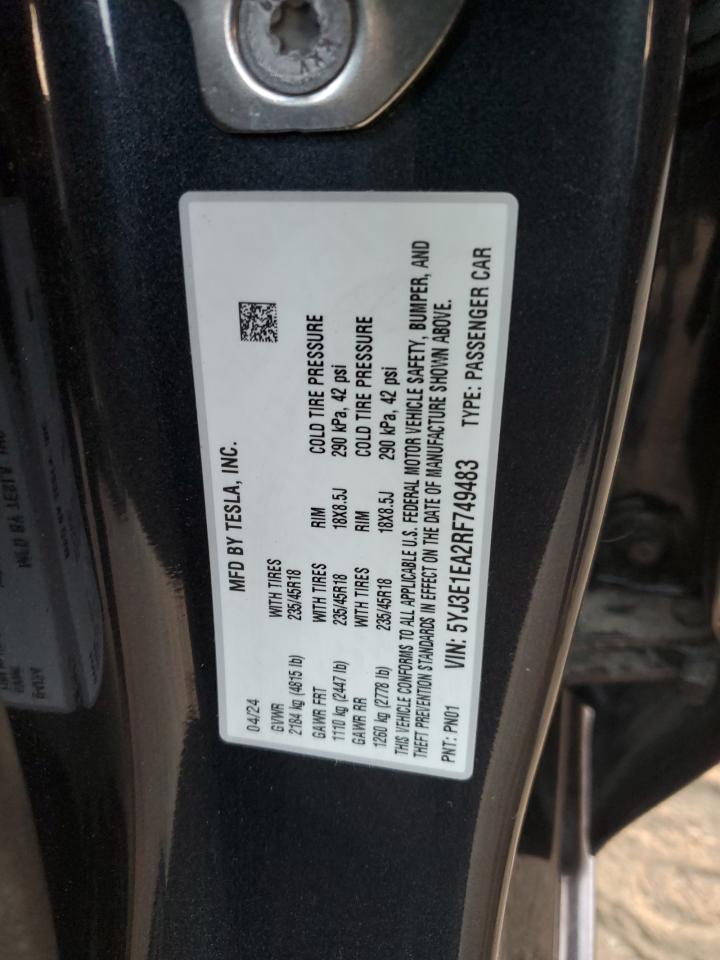 2024 TESLA MODEL 3 VIN:5YJ3E1EA2RF749483