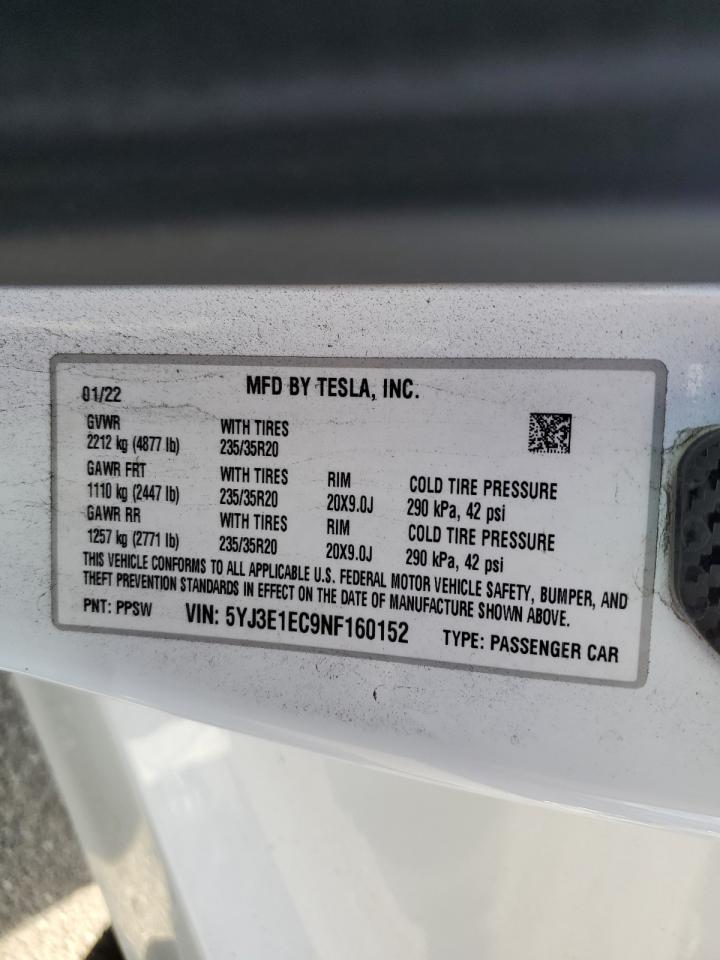 2022 TESLA MODEL 3 VIN:5YJ3E1EC9NF160152