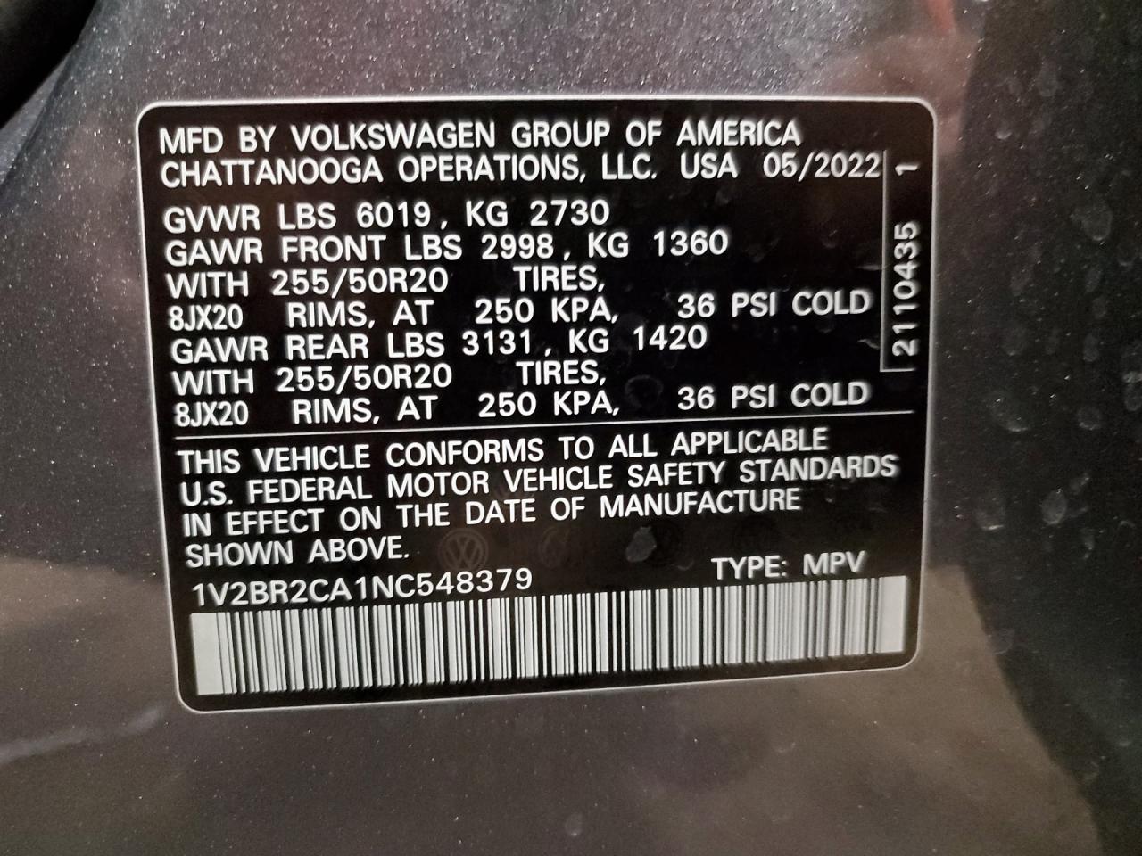 2022 VOLKSWAGEN ATLAS SEL VIN:1V2BR2CA1NC548379
