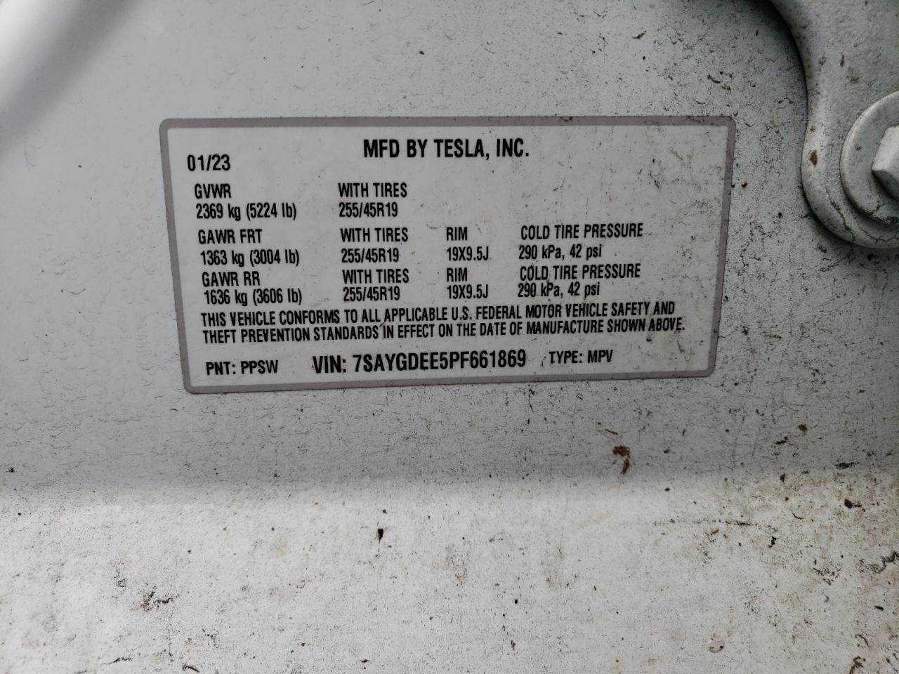 2023 TESLA MODEL Y VIN:7SAYGDEE5PF661869