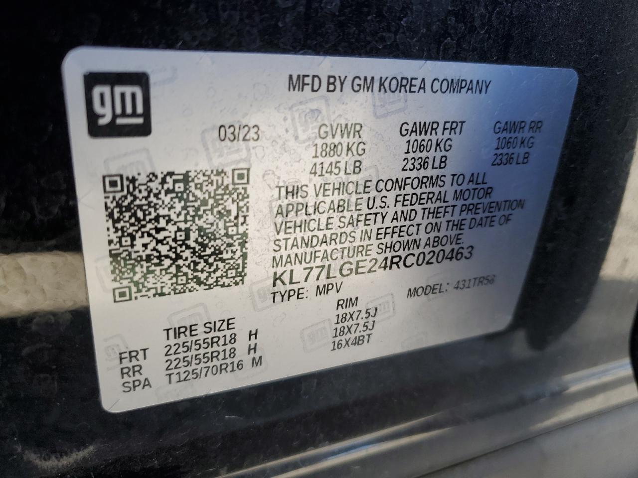 2024 CHEVROLET TRAX 1RS VIN:KL77LGE24RC020463