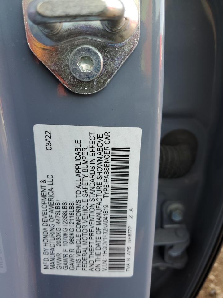 2022 HONDA ACCORD SPORT VIN:1HGCV1F32NA041819