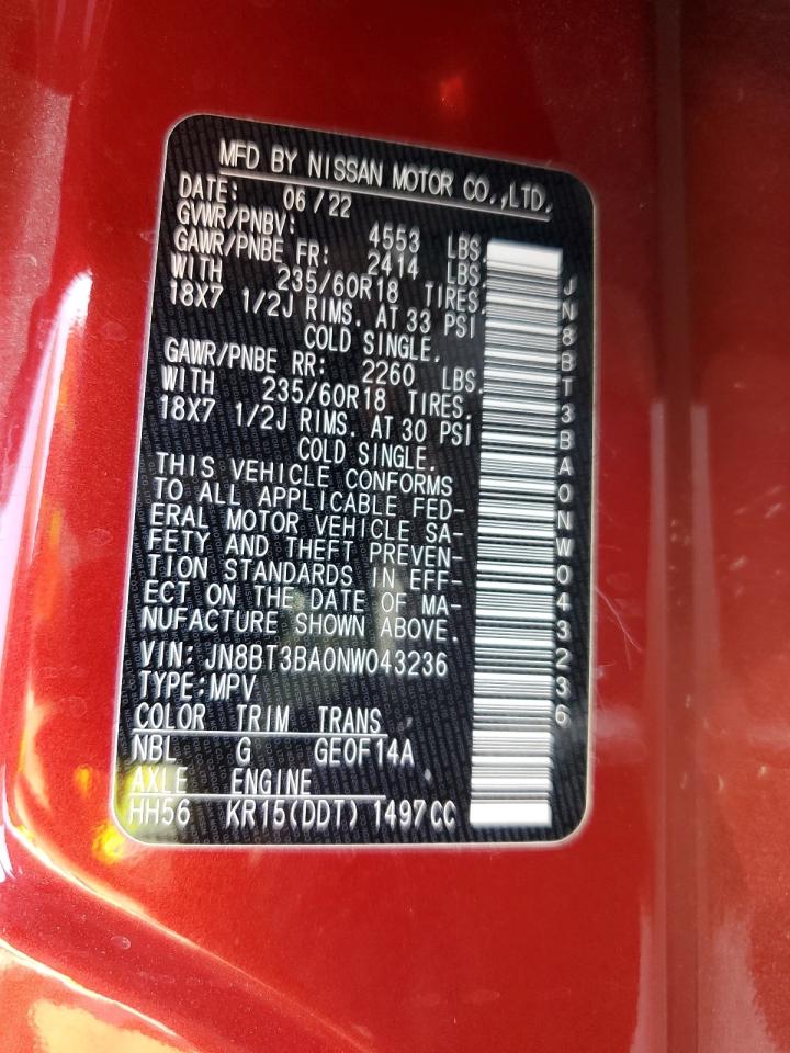 2022 NISSAN ROGUE SV VIN:JN8BT3BA0NW043236