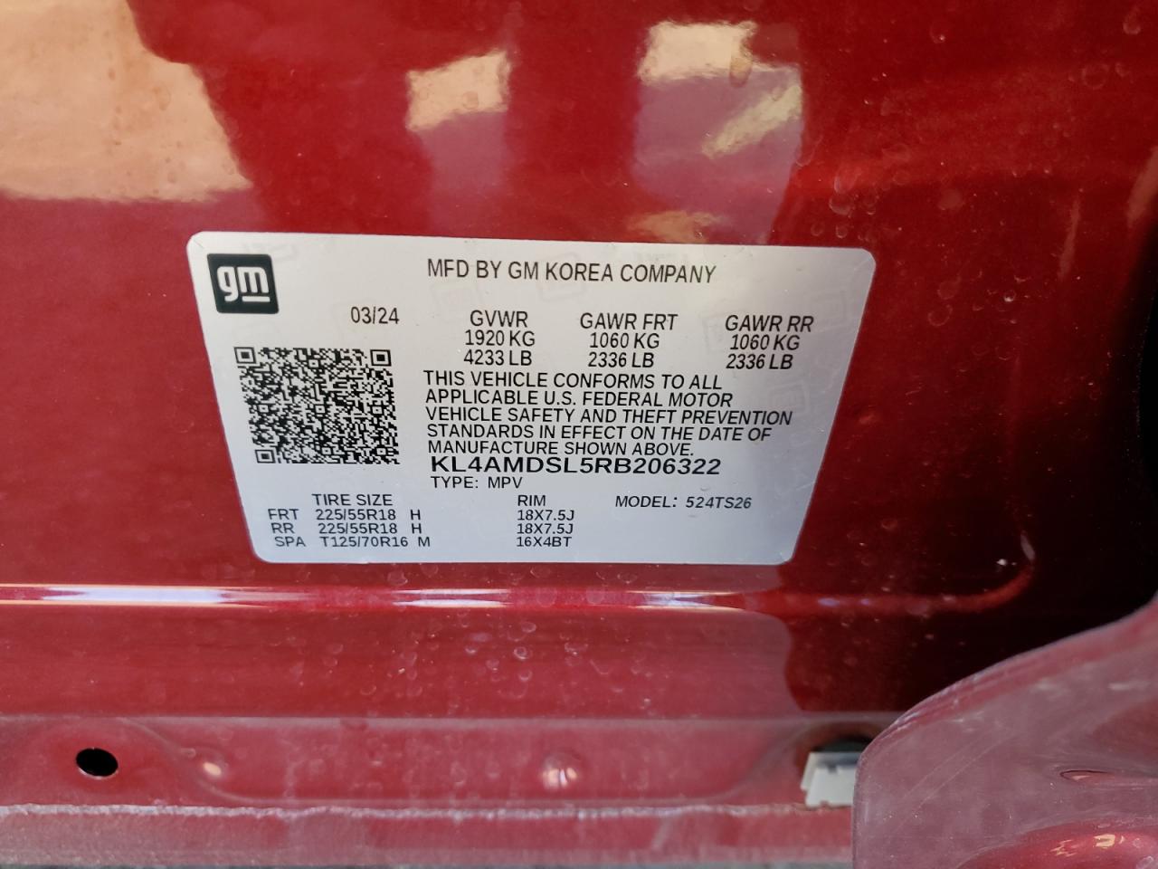 2024 BUICK ENCORE GX SPORT TOURING VIN:KL4AMDSL5RB206322